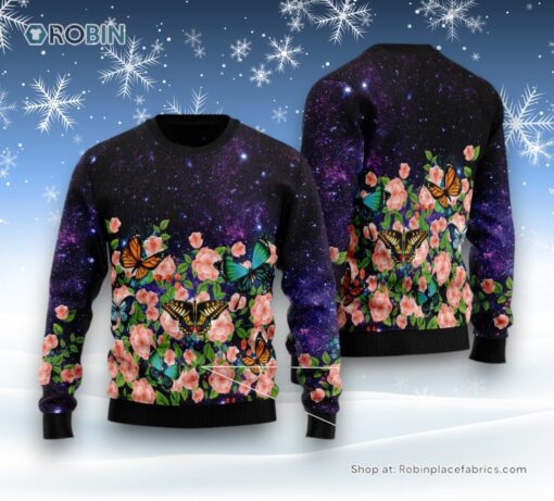 Butterfly Flowers Ugly Christmas Sweatshirt, Sweater
