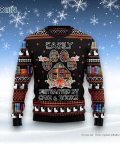 Cat And Books Ugly Christmas Sweater, Christmas Gift For Cat Love