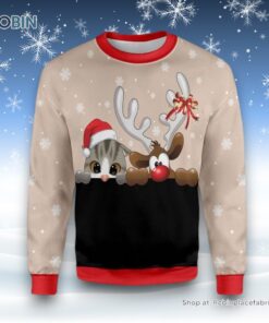 Cat And Reindeer Ugly Christmas Sweater, Christmas Gift For Cat Love