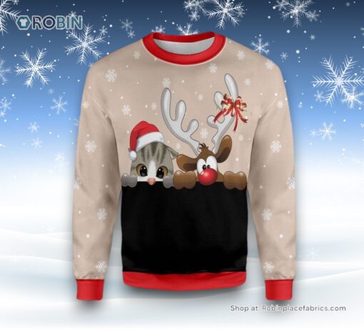 Cat And Reindeer Ugly Christmas Sweater, Christmas Gift For Cat Love