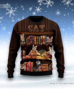 Cat Bookcase Ugly Christmas Sweater, Christmas Gift For Cat Love