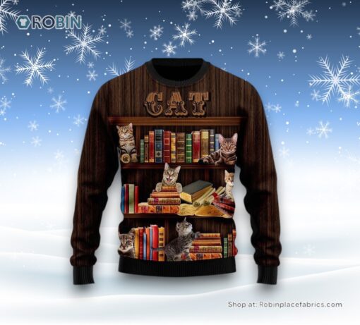 Cat Bookcase Ugly Christmas Sweater, Christmas Gift For Cat Love