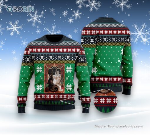 Cat Christmas Snow Window Ugly Christmas Sweatshirt, Sweater, Christmas Gift For Cat Love