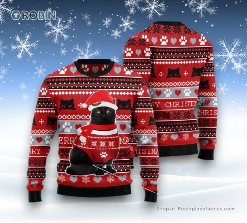 Cat Christmas Ugly Sweater, Black Cat Christmas Pattern Ugly Christmas Sweater
