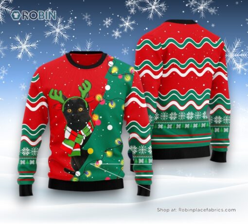 Cat Christmas Ugly Sweater, Black Cat Christmas Tree Led Light Ugly Christmas Sweater