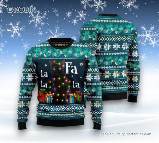 Cat Christmas Ugly Sweater, Black Cat Falalala Ugly Christmas Sweater