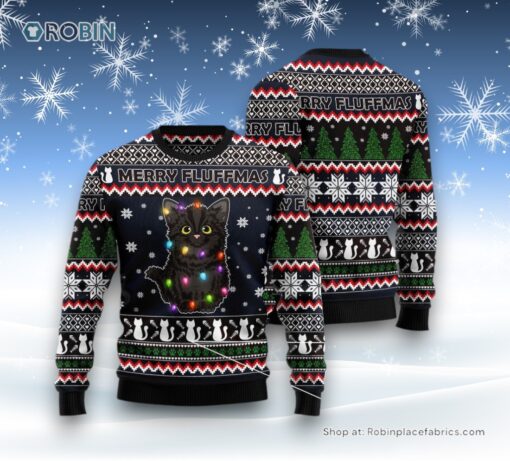 Cat Christmas Ugly Sweater, Black Cat Fluffmas Ugly Christmas Sweater