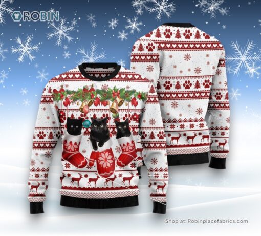 Cat Christmas Ugly Sweater, Black Cat Gloves Merry Christmas Ugly Christmas Sweater
