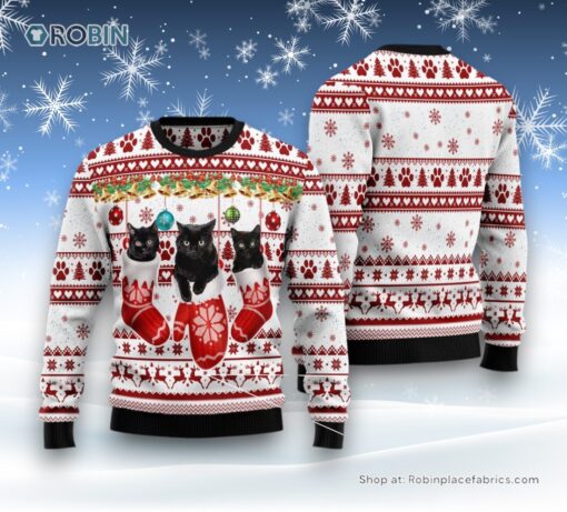 Cat Christmas Ugly Sweater, Black Cat Gloves Ugly Christmas Sweater