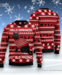 Cat Christmas Ugly Sweater, Black Cat Hello Darkness My Old Friend Ugly Christmas Sweater