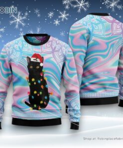Cat Christmas Ugly Sweater, Black Cat Hologram Pattern Ugly Christmas Sweatshirt, Sweater