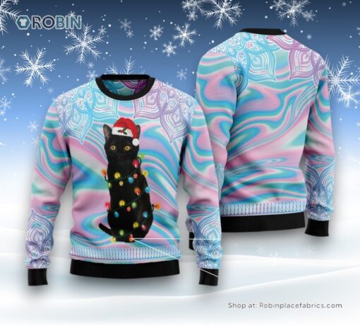 Cat Christmas Ugly Sweater, Black Cat Hologram Pattern Ugly Christmas Sweatshirt, Sweater