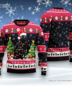 Cat Christmas Ugly Sweater, Black Cat Light Ugly Christmas Sweater