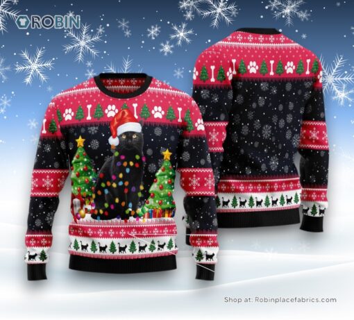 Cat Christmas Ugly Sweater, Black Cat Light Ugly Christmas Sweater