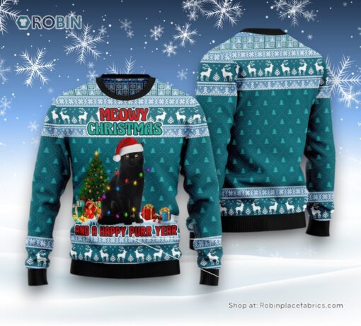 Cat Christmas Ugly Sweater, Black Cat Meomy Christmas And A Happy Purr Year Ugly Christmas Sweater