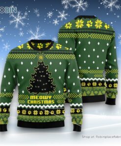 Cat Christmas Ugly Sweater, Black Cat Meowy Christmas Tree Ugly Christmas Sweater