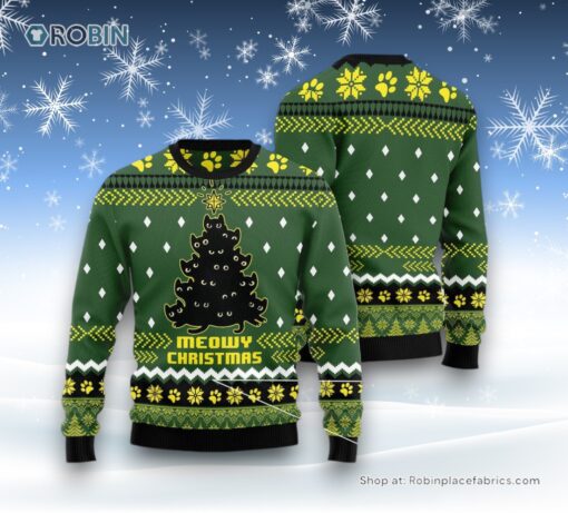 Cat Christmas Ugly Sweater, Black Cat Meowy Christmas Tree Ugly Christmas Sweater