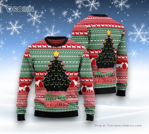 Cat Christmas Ugly Sweater, Black Cat Meowy Christmas Ugly Christmas Sweatshirt, Sweater