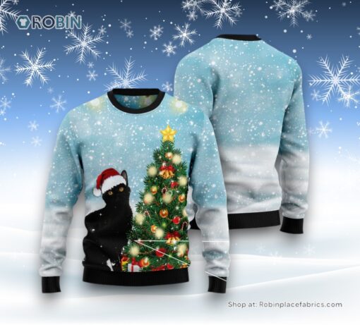 Cat Christmas Ugly Sweater, Black Cat Noel Tree Ugly Christmas Sweater