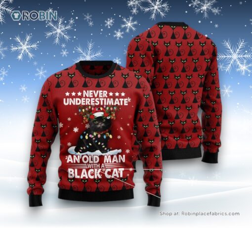 Cat Christmas Ugly Sweater, Black Cat Old Man Ugly Christmas Sweater