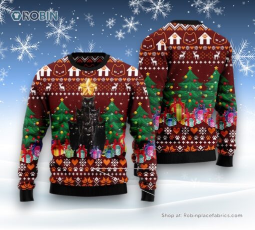 Cat Christmas Ugly Sweater, Black Cat Pine Tree Ugly Christmas Sweater
