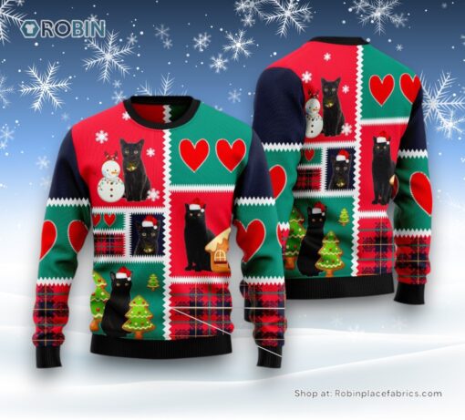 Cat Christmas Ugly Sweater, Black Cat Snow Ugly Christmas Sweater