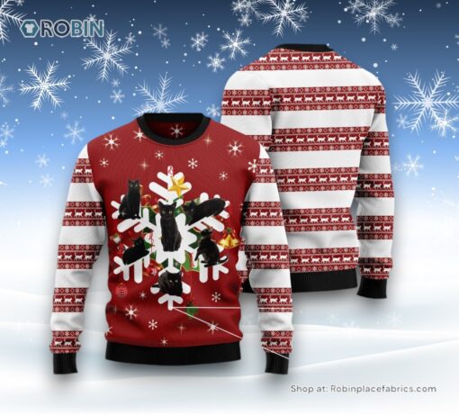 Cat Christmas Ugly Sweater, Black Cat Snowflake Ugly Christmas Sweater