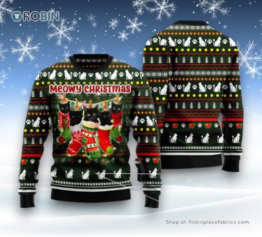 Cat Christmas Ugly Sweater, Black Cat Socks Ugly Christmas Sweater