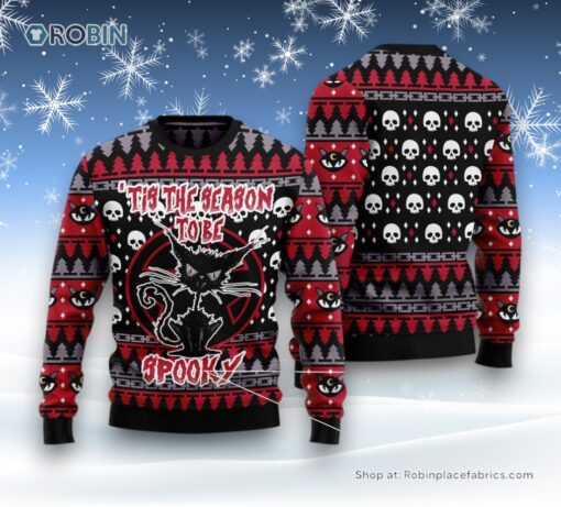 Cat Christmas Ugly Sweater, Black Cat Spooky Halloween Ugly Christmas Sweater