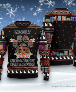 Cat Christmas Ugly Sweater, Cat And Books Christmas Ugly Christmas Sweater