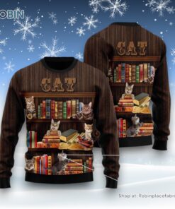 Cat Christmas Ugly Sweater, Cat Bookcase Ugly Christmas Sweater