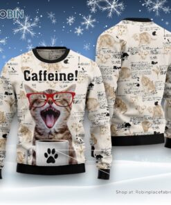 Cat Christmas Ugly Sweater, Cat Caffeine Ugly Christmas Sweatshirt, Sweater
