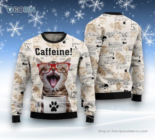 Cat Christmas Ugly Sweater, Cat Caffeine Ugly Christmas Sweatshirt, Sweater