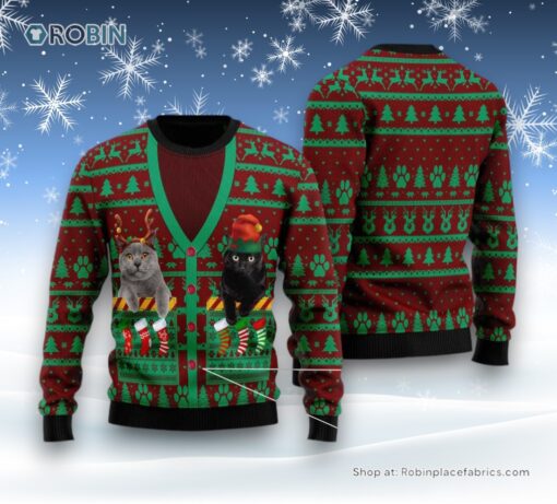 Cat Christmas Ugly Sweater, Cat Pocket Xmas Ugly Christmas Sweater