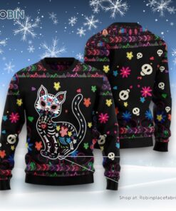 Cat Christmas Ugly Sweater, Cat Sugar Skull Ugly Christmas Sweater