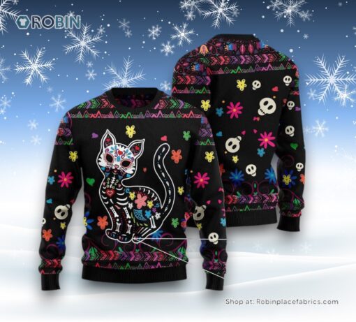 Cat Christmas Ugly Sweater, Cat Sugar Skull Ugly Christmas Sweater