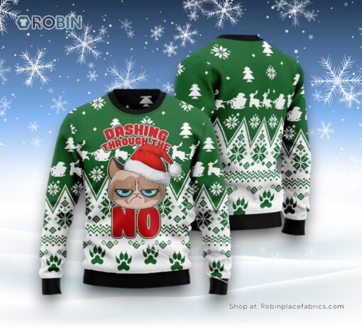 Cat Christmas Ugly Sweater, Grumpy Cat Dashing Through Ugly Christmas Sweater