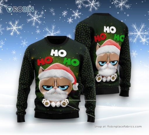 Cat Christmas Ugly Sweater, Grumpy Cat Hohoho Ugly Christmas Sweater