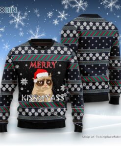 Cat Christmas Ugly Sweater, Grumpy Cat Kissmyass Ugly Christmas Sweater