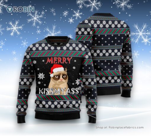 Cat Christmas Ugly Sweater, Grumpy Cat Kissmyass Ugly Christmas Sweater