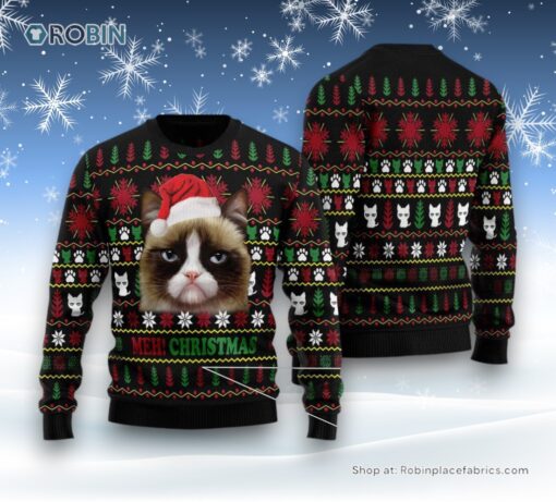 Cat Christmas Ugly Sweater, Grumpy Cat Meh! Ugly Christmas Sweater