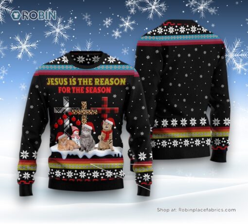 Cat Christmas Ugly Sweater, Jesus Is The Reason For The Season Cat Ugly Christmas Sweater