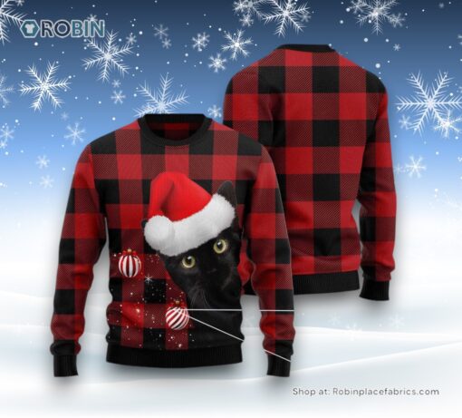 Cat Christmas Ugly Sweater, Plaid Pattern Black Cat Ugly Christmas Sweatshirt, Sweater