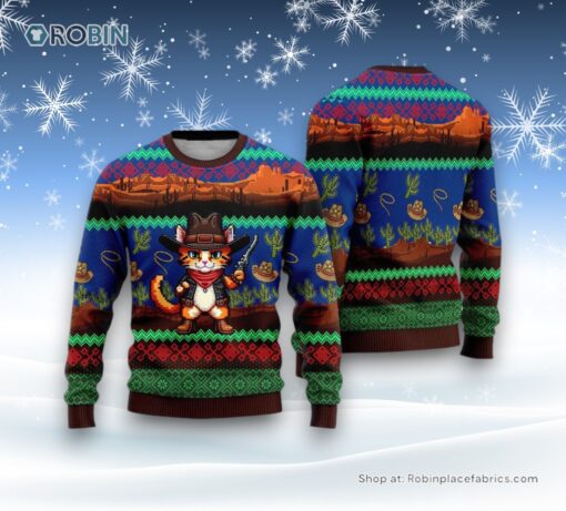 Cat Cowboy Cactus Ugly Christmas Sweater, Christmas Gift For Cat Love