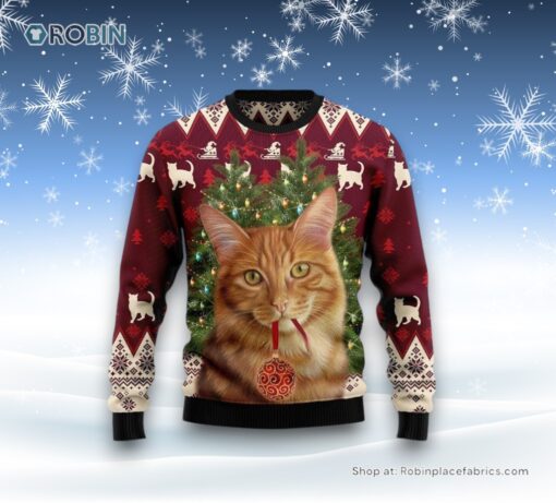 Cat Decor Pine Ugly Christmas Sweatshirt, Sweater, Christmas Gift For Cat Love