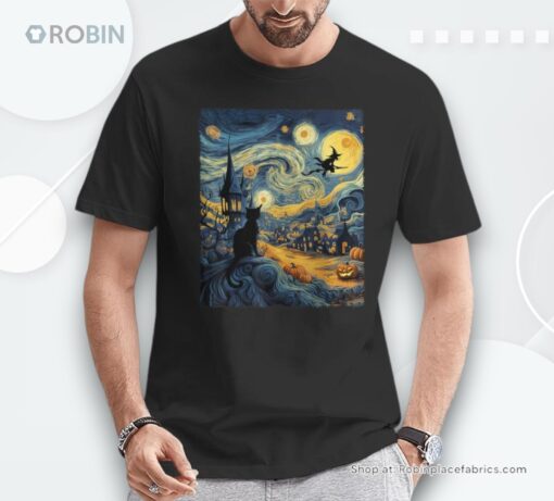 Cat Halloween Van Gogh Starry Night Pumpkin Women Shirt