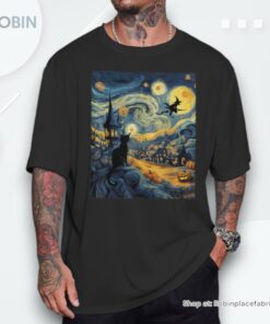 Cat Halloween Van Gogh Starry Night Pumpkin Women Shirt