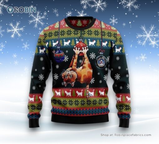 Cat Hanging On Xmas Tree Ugly Christmas Sweater, Christmas Gift For Cat Love