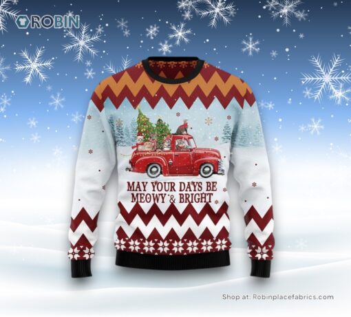 Cat Red Truck Ugly Christmas Sweater, Christmas Gift For Cat Love