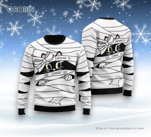 Cat Sweater Be Ware Of A Zombie Cat Ugly Christmas Sweater, Christmas Gift For Cat Love